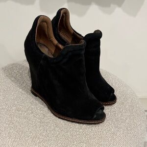 Sam Edelman Black Suede and Fur Wedge Peep-Toe Ankle Boots